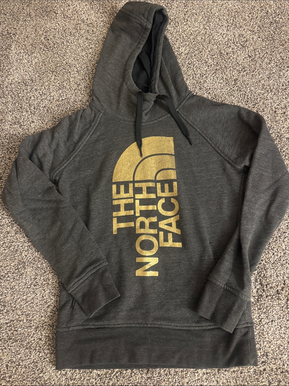 The North Face Charcoal Gray Hoodie with Gold Logo